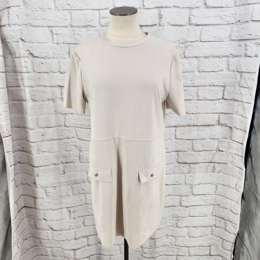 Zara Beige Short Sleeve Midi Dress with Front Pocket Flaps